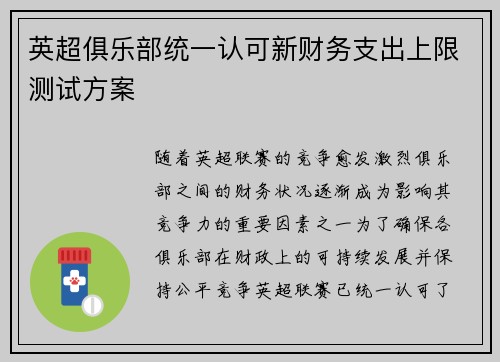 英超俱乐部统一认可新财务支出上限测试方案